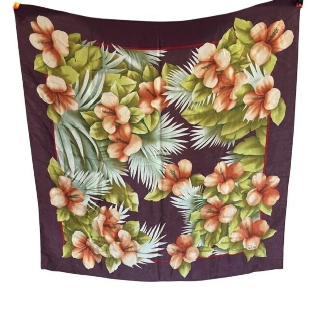 Vintage Oscar‎ de la Renta Silk Scarf Tropical Hibiscus Aubergine 31in Square